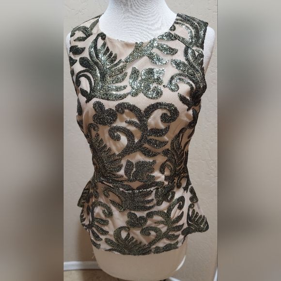 Greylin Gold Black metallic Vintage STYLE peplum Sleeveless Top NWT M - Picture 2 of 7